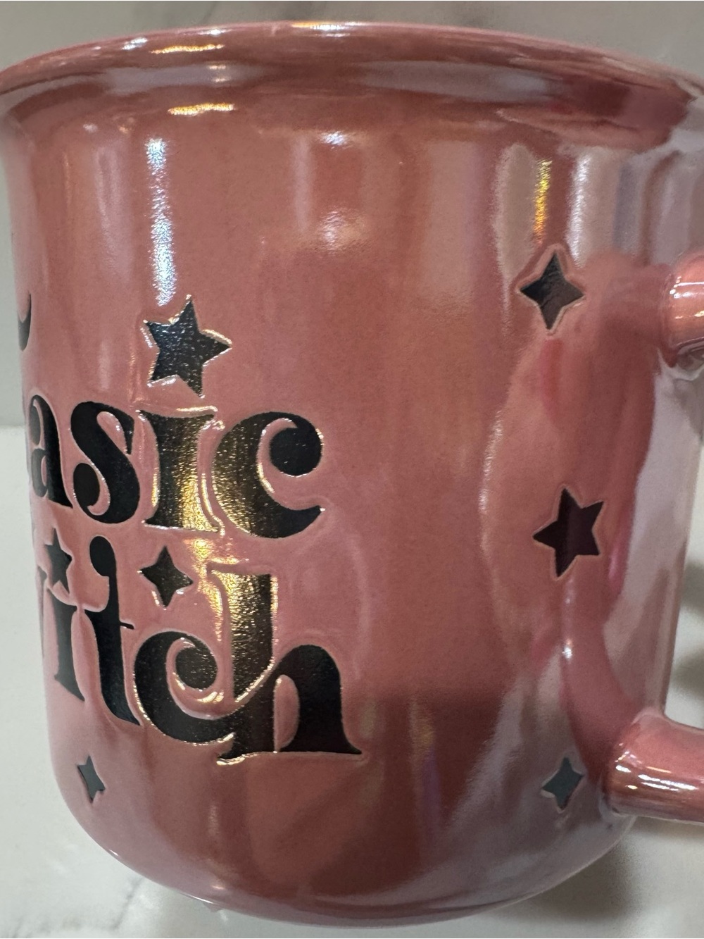 Happy Haunting Halloween Pink Aura Coffee Mug “Basic Witch” Moon Stars Dual Side - Picture 4 of 6
